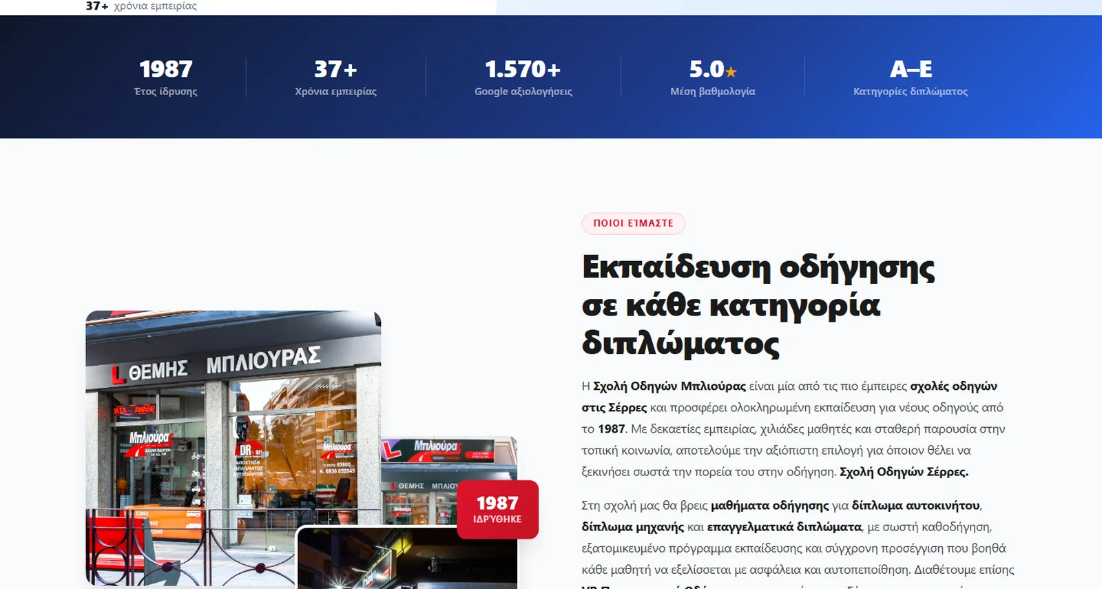 Στατιστικά σχολής οδηγών Μπλιούρας Σέρρες — 37+ χρόνια, 1.570+ Google reviews 5 αστέρων