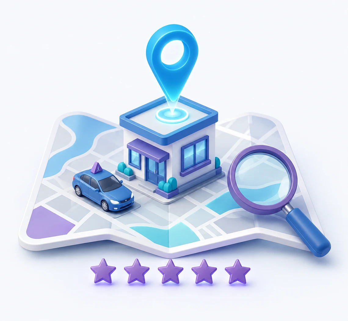 Site σχολής οδηγών με τοπικό SEO — χάρτης, κριτικές και αναζήτηση στην πόλη